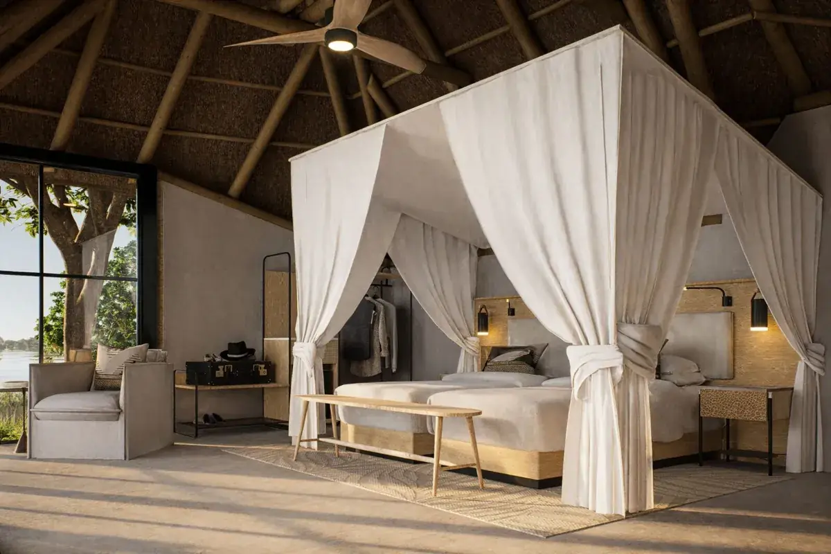 Suite bedroom at Chobe Savanna Lodge, Chobe River, Impalila Island