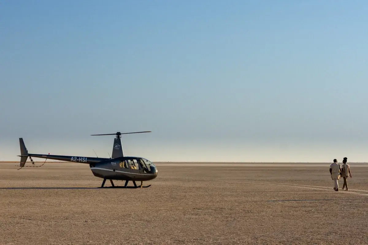 Salt pans heli at Leroo La Tau, Makgadikgadi