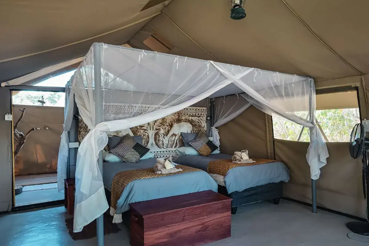 Tent interior at Mhara River Camp, Mana Pools