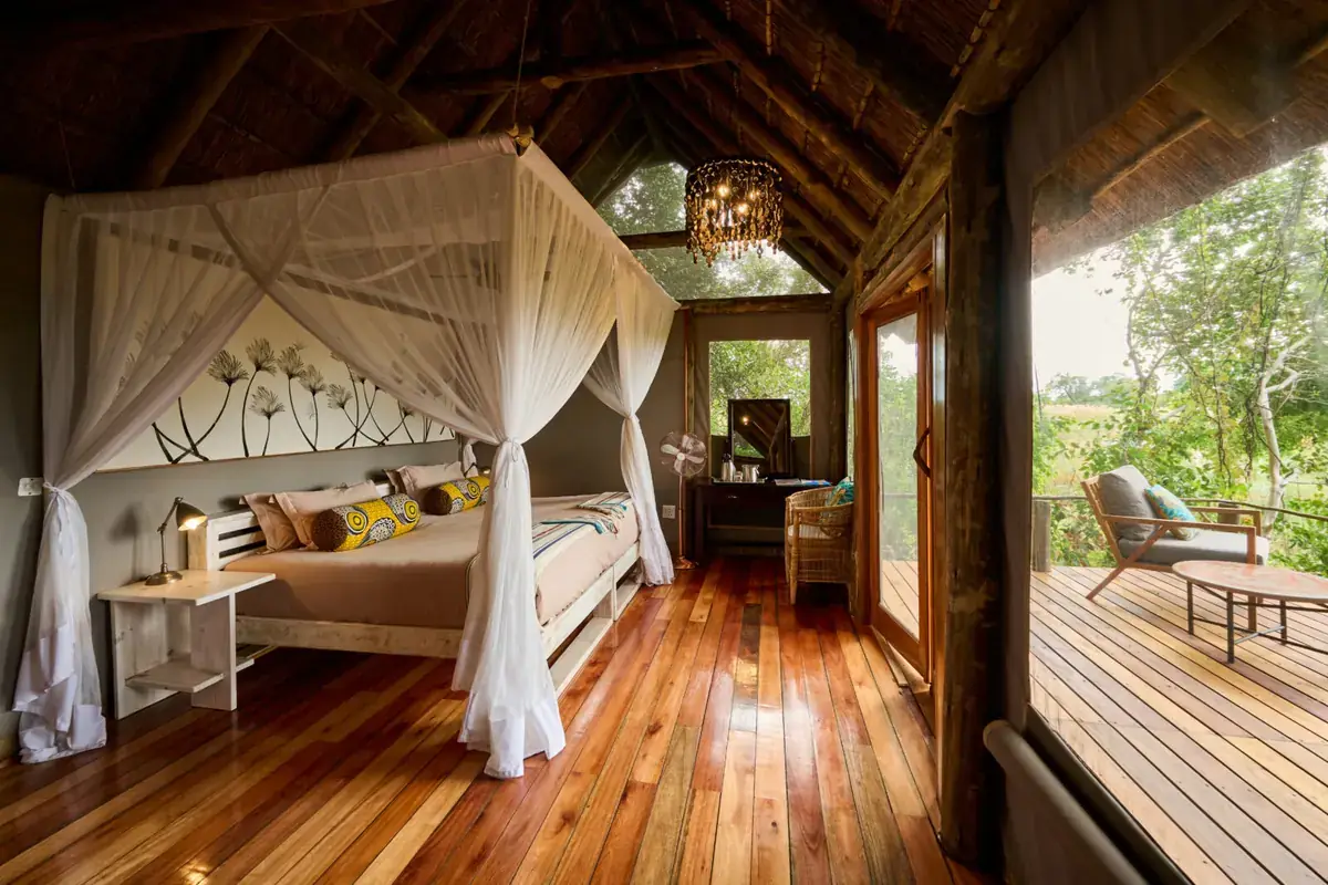 Chalet interior at Nxamaseri Island Lodge, Okavango Panhandle