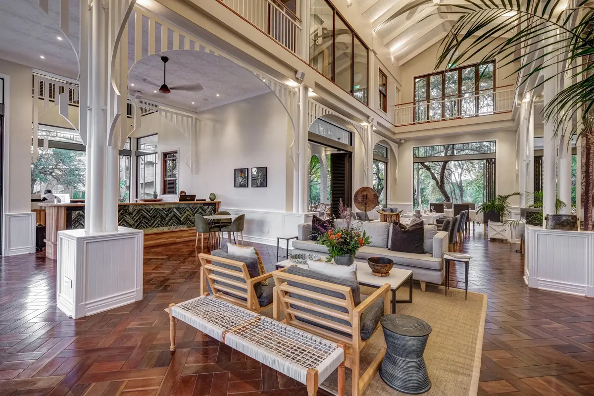 Reception and lounge at The Palm River Hotel, Victoria Falls