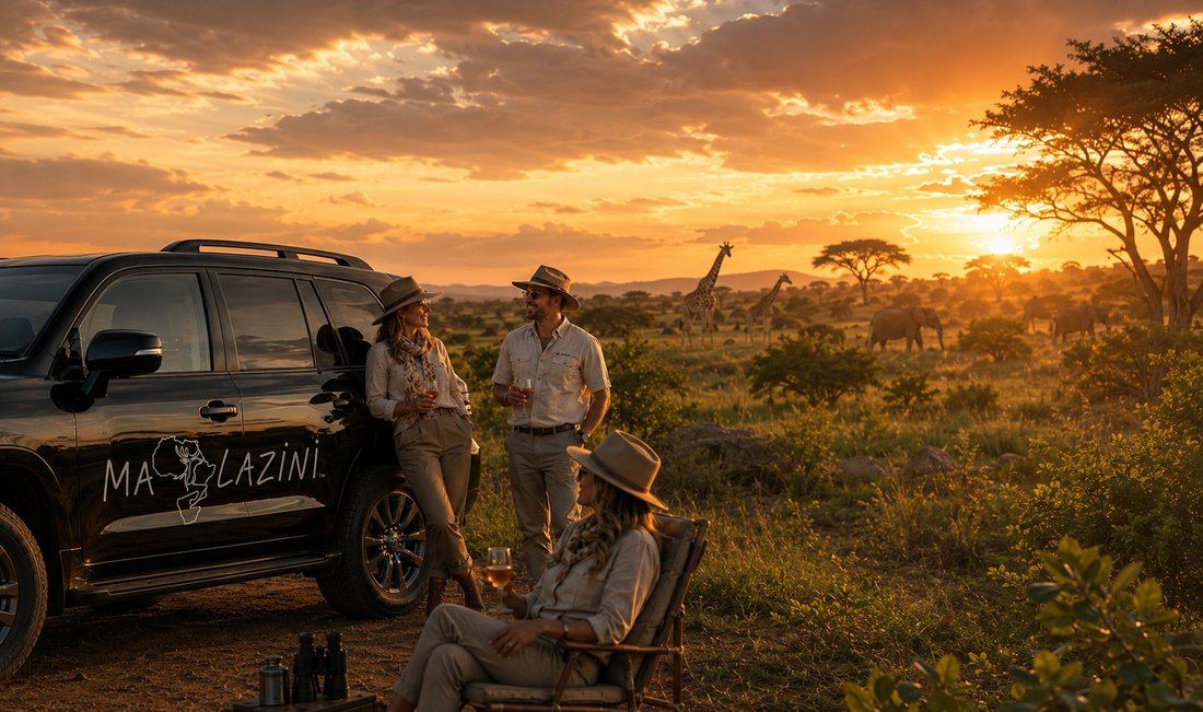 Maplazini safari vehicle at sunset with giraffe and elephant on the plains
